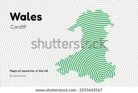 Wales Map in Spiral Formation: Cardiff Takes Center Stage. Fingerprint and stripes pattern. Maps of countries in the United Kingdom
