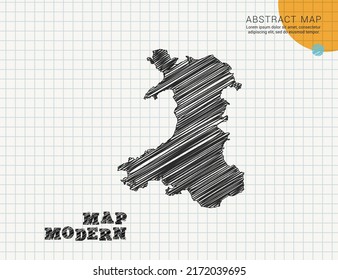 Wales map of vector black silhouette chaotic hand drawn scribble sketch on grid paper used for notes or decoration.