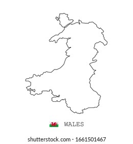 Wales map vector. simple style thin line, linear. black on white and flag.