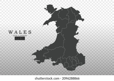 Mapa de Gales - Mapa Mundial Plantilla vectorial internacional con Alto detalle incluyendo color de contorno negro y gris aislado en fondo transparente - Ilustración vectorial eps 10