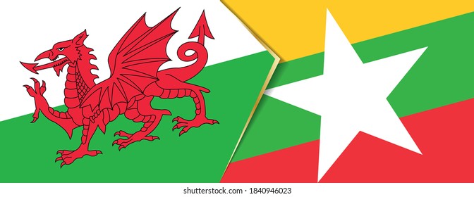 Banderas de Gales y Myanmar, dos banderas vectoriales símbolo de relación o confrontación.
