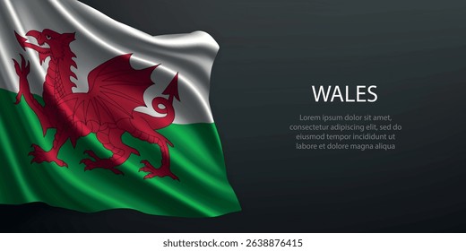 Wales national flag with ripples and shadows on a gradient black backdrop