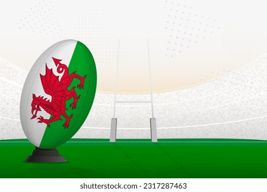 Wales national team rugby ball on rugby stadium and goal posts, preparing for a penalty or free kick. Vector illustration.