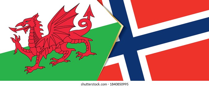Wales and Norway flags, two vector flags symbol of relationship or confrontation.