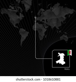 Wales on black World Map. Map and flag of Wales.