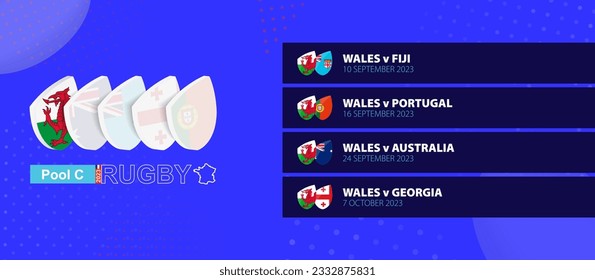 Wales rugby national team schedule matches in group stage of international rugby competition. Vector set.