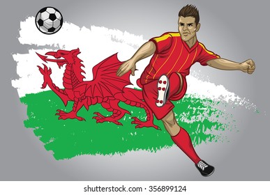 Wales soccer player with flag as a background