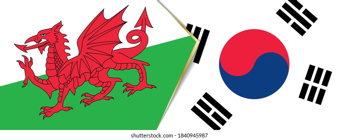 Wales and South Korea flags, two vector flags symbol of relationship or confrontation.