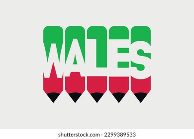 Texto de Gales con el símbolo Lápiz diseño de ideas creativas. Ilustración vectorial del concepto de color de la bandera de Gales. Ilustración de la tipografía de Gales en el espacio negativo palabra vector ilustración. Diseño vectorial de nombre de país de Gales.