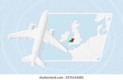 Wales Travel Illustration with Plane and National Flag. Ideal for travel agencies, promotional materials, or geographic content related to Wales.