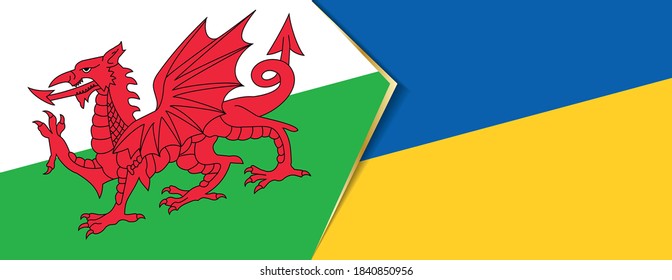 Wales und die Ukraine Flaggen, zwei Vektorfahnen Symbol für Beziehung oder Konfrontation.