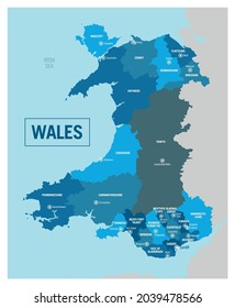 Wales, United Kingdom country region political map. High detailed vector illustration with isolated provinces, departments, regions, counties, cities and states easy to ungroup.