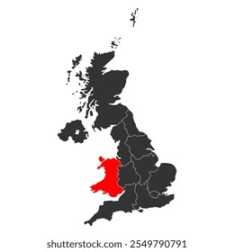 Wales of United Kingdom of Great Britain and Northern Ireland map, detailed web vector .