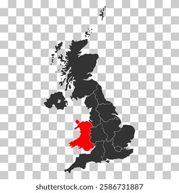 Wales of United Kingdom of Great Britain and Northern Ireland map, detailed web vector .