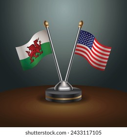 Wales and United States table flags with gradient backgrund. Vector Illustration