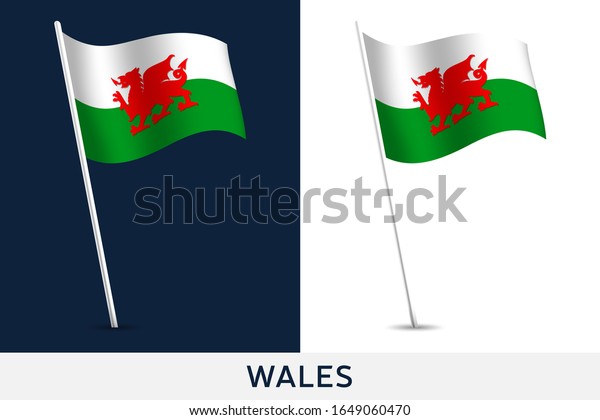 Wales vector flag. Waving national flag of Wales\
isolated on white and dark background. Official colors and\
proportion of flag. Vector illustration. European football 2020\
tournament final stage