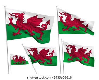 Wales vector flags set. 5 wavy 3D pennants fluttering on the wind. EPS 8 created using gradient meshes isolated on white background. Five design elements from world collection