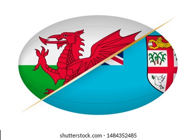 Wales versus Fiji, concept for rugby tournament. Vector flags stylized Rugby ball.