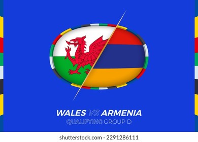 Wales vs Armenia icon for European football tournament qualification, group D. Competition icon on the stylized background.