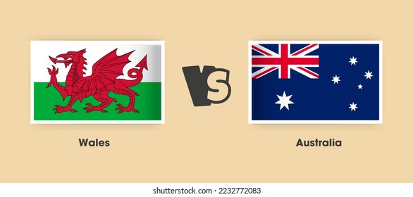Wales vs Australia flags placed side by side. Creative stylish national flags of Wales vs Australia with background