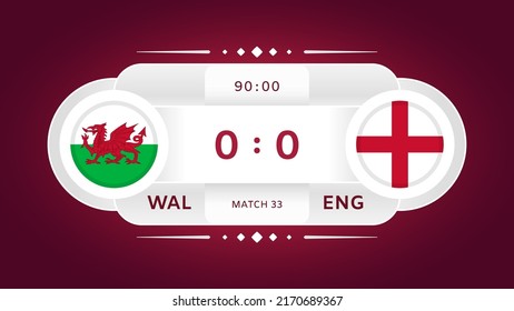 Wales Vs England 2022 Match Design Element. Football  Championship Competition Infographics. Announcement, Game Score, Scoreboard Template. Vector Illustration