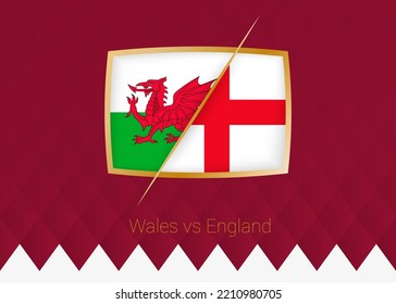 Wales vs England, group stage icon of football competition on burgundy background. Vector icon.