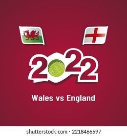 Wales vs England with Welsh and English flags soccer dark red background