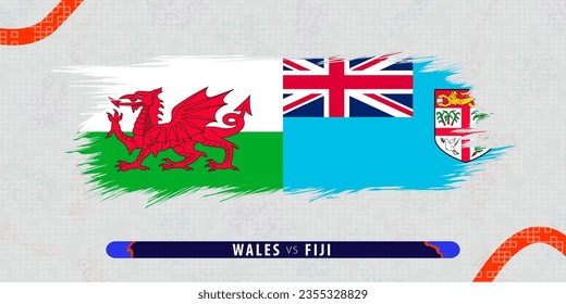 Wales vs Fiji, international rugby match illustration in brushstroke style. Abstract grungy icon for rugby match. Vector illustration on abstract background.