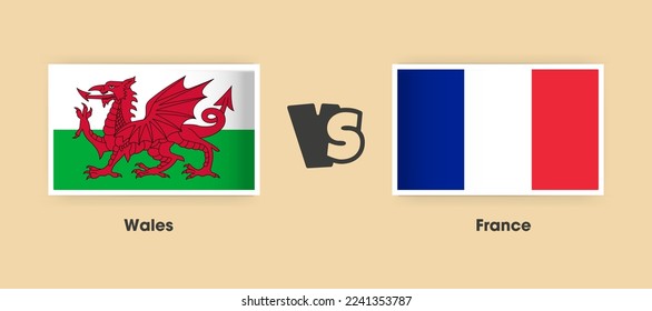 Wales vs France flags placed side by side. Creative stylish national flags of Wales vs France with background