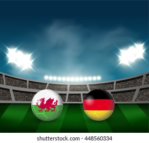 Wales vs Germany soccer ball in flag design on stadium background for football tournament , this image for sport match template or banner in vector illustration