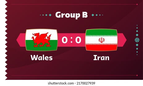 wales vs iran match. Football 2022 world championship match versus teams on soccer field. Intro sport background, championship competition final poster, flat style vector illustration