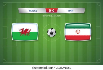 Wales vs Iran scoreboard broadcast template for sport soccer tournament and football championship 2022 in qatar vector illustration