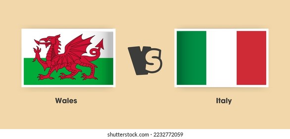 Wales vs Italy flags placed side by side. Creative stylish national flags of Wales vs Italy with background