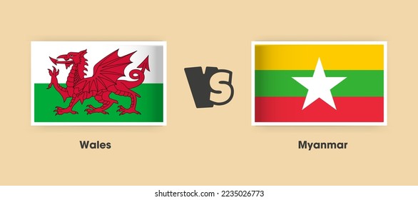 Banderas de Gales contra Myanmar colocadas una al lado de la otra. Banderas nacionales creativas y elegantes de Gales vs Myanmar con antecedentes