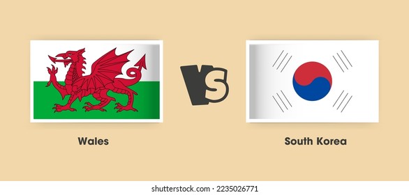 Wales vs South Korea flags placed side by side. Creative stylish national flags of Wales vs South Korea with background