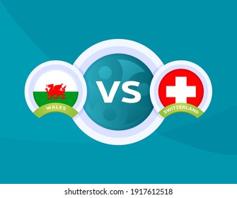 Wales vs Switzerland Match. Fußball 2020 Meisterschaftsspiel gegen Mannschaften auf sportlichem Hintergrund, Meisterschaftwettbewerb Finalposter, flache Vektorgrafik.