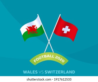 Wales vs Switzerland euro 2020 match. Football 2020 championship match versus teams intro sport background, championship competition final poster, flat style vector illustration.