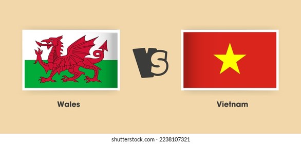 Banderas de Gales contra Vietnam colocadas una al lado de la otra. Banderas nacionales creativas y elegantes de Gales vs Vietnam con antecedentes