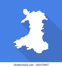 Wales white map,border flat simple style with long shadow on blue background