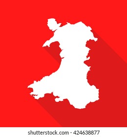 Wales white map,border flat simple style with long shadow on red background
