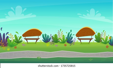 Walk along the road in the park. walking path, bench and green grass lane with trees nature landscape background