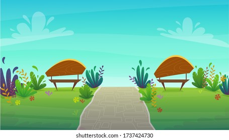 Walk along the road in the park. walking path, bench and green grass lane with trees nature landscape background