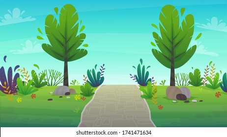 Walk Along The Road In The Park. Walking Path, Bench And Green Grass Lane With Trees Nature Landscape Background