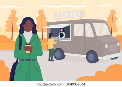Walk in autumn flat color vector illustration. Buying hot drink for espresso bar in van. Fall activity. Young woman with take out coffee 2D cartoon characters with urban outdoor on background