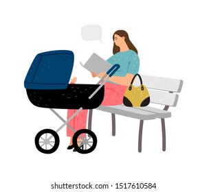 Walk with baby. Mom reading book her child. Vector happy parenthood illustration with young mother and newborn