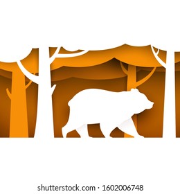 Walk bear on yellow forest in paper cut trendy cartoon style. 