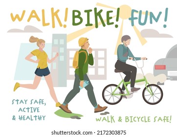 Walk. Bike. Fun. Landscape poster, ad, promo leaflet background. Summer biking, walking, running activity concept. Summer fest or marathon promotion. Editable vector illustration in flat style