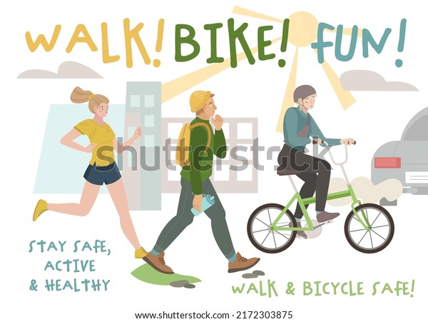 Walk. Bike. Fun. Landscape poster, ad, promo\
leaflet background. Summer biking, walking, running activity\
concept. Summer fest or marathon promotion. Editable vector\
illustration in flat\
style