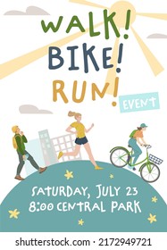 Walk. Bike. Fun. Vertical Poster, Ad, Promo Leaflet Background. Summer Biking, Walking, Running Activity Concept. Summer Fest Or Marathon Promotion. Editable Vector Illustration In Flat Style