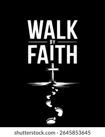 Caminhar pela fé Inspiração Tipografia Design com Pegada Trilha que leva à cruz - Minimalista Cristão Bíblia Verso 2 Coríntios 5:7 Fé sobre Visão Espiritual Vetor